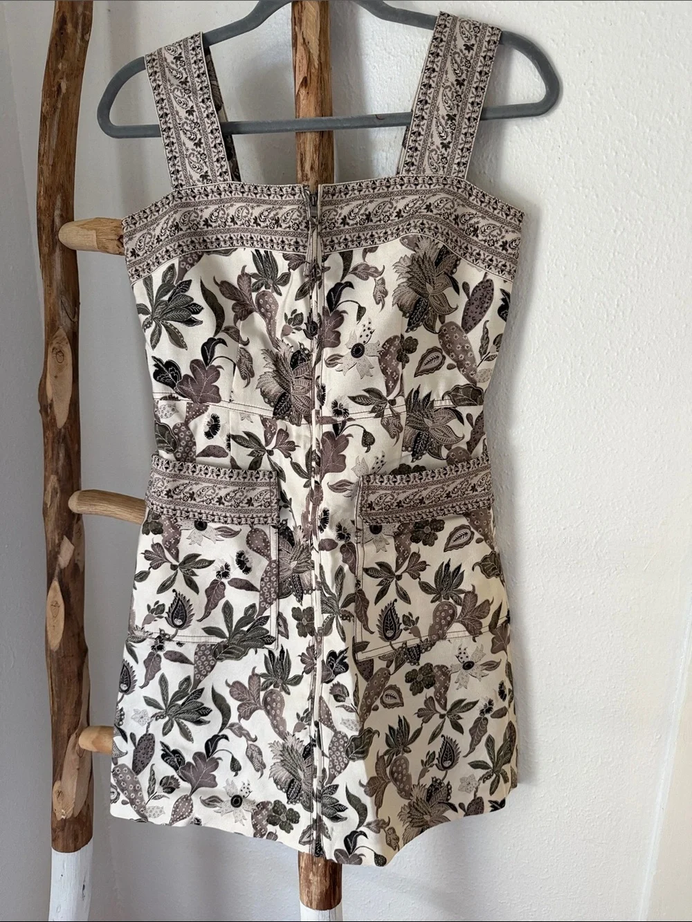 Tory Burch Cream Grey Floral Swuare Neck A-Line Mikado Mini Dress  Print 2 XS
